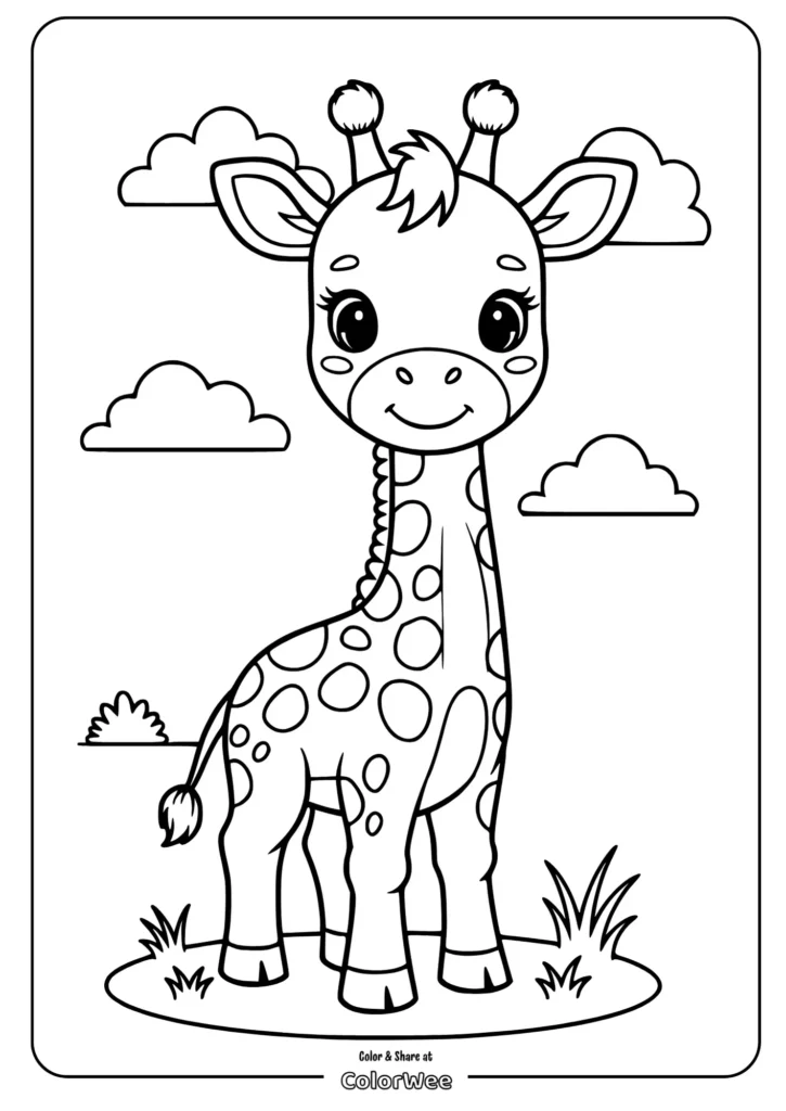 Cute giraffe coloring page for kids with clouds and grass.