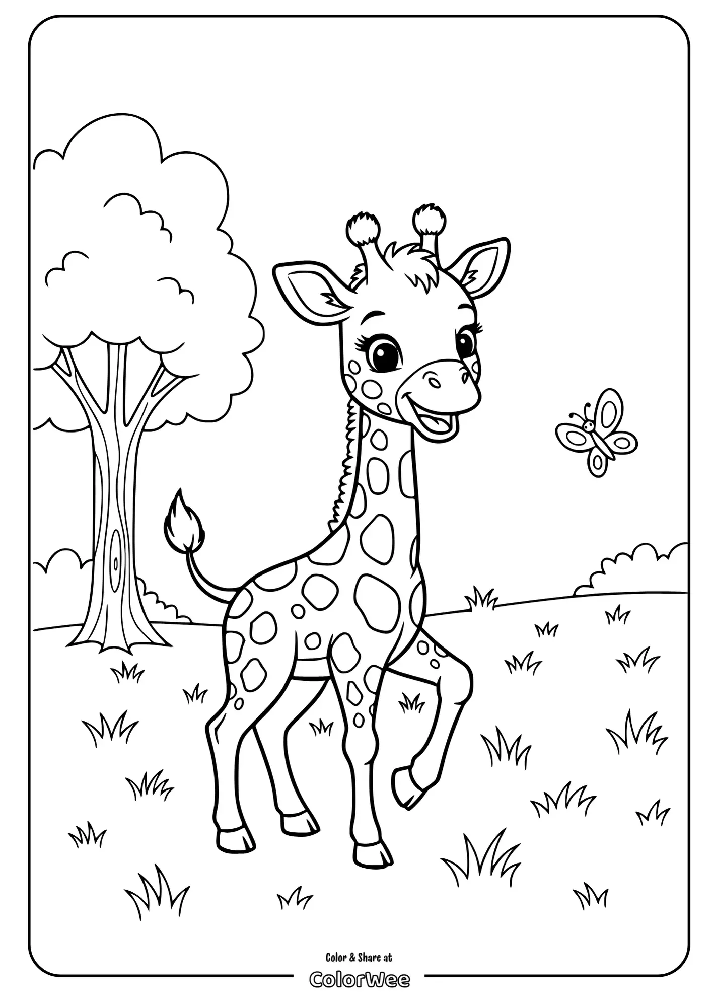 Cute giraffe coloring page with a butterfly and tree.