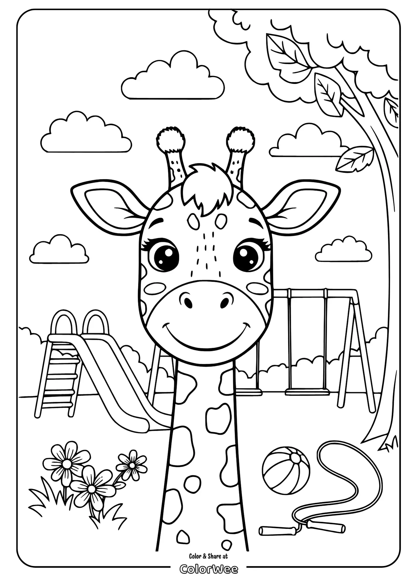 Cute giraffe coloring page with playground background.
