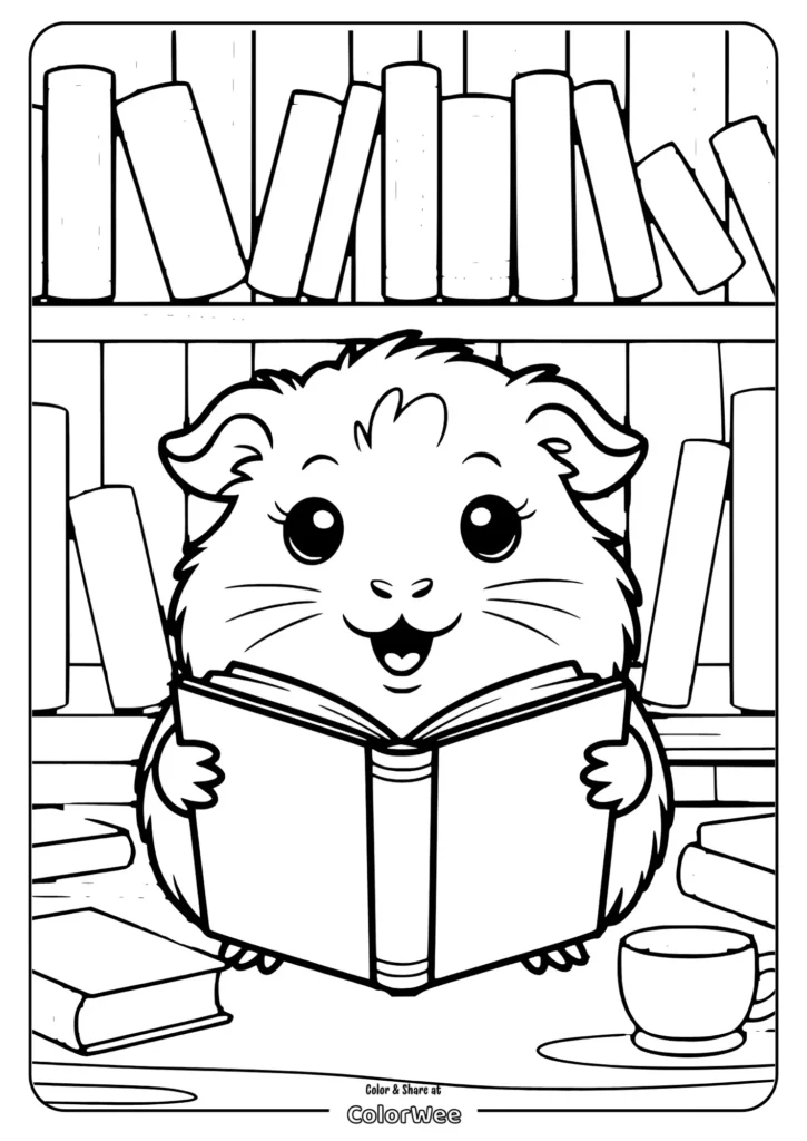 cute guinea pig reading in a cozy library surrounded by books coloring page Cute hamster reading in a cozy library, surrounded by books. Coloring page.