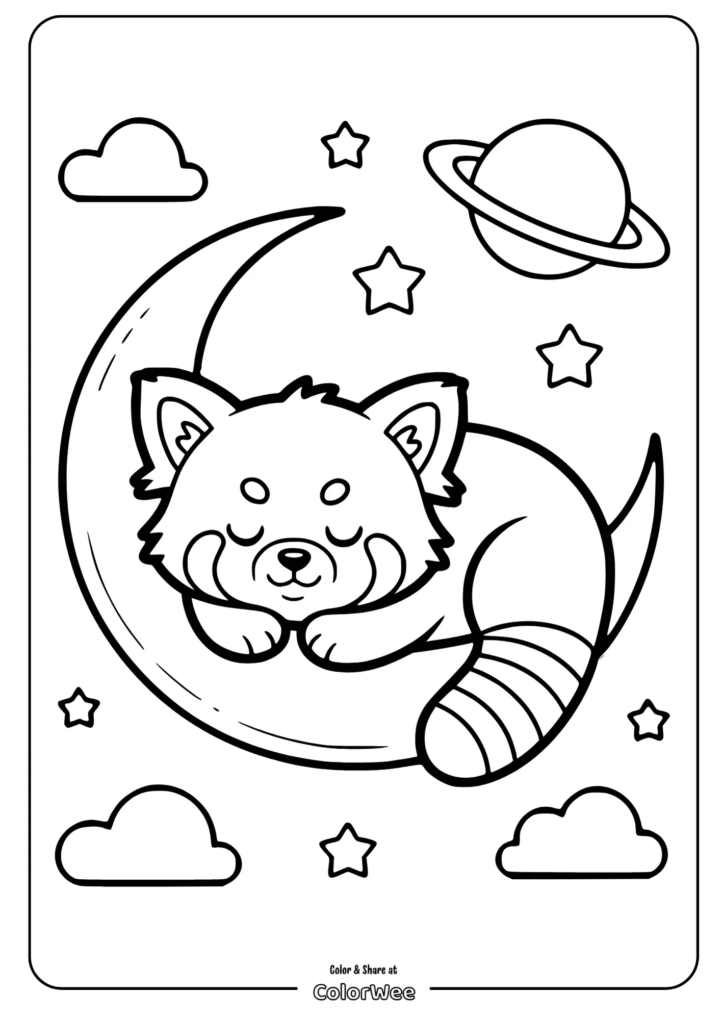 Cute red panda on moon amid stars and clouds coloring page, printable kids art.