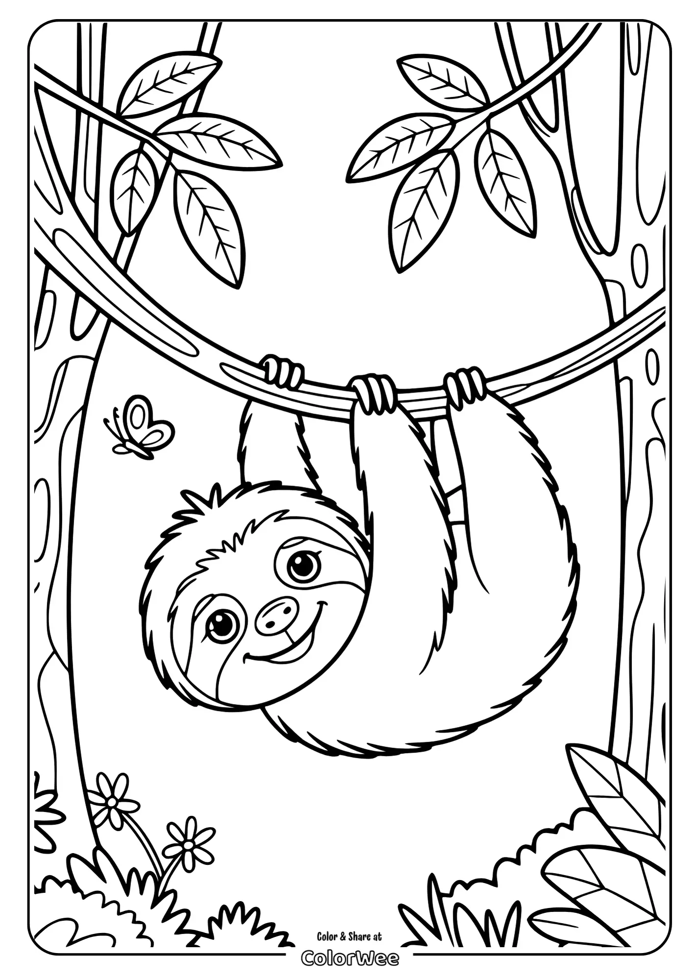 Cute sloth coloring page for kids with butterfly in jungle.
