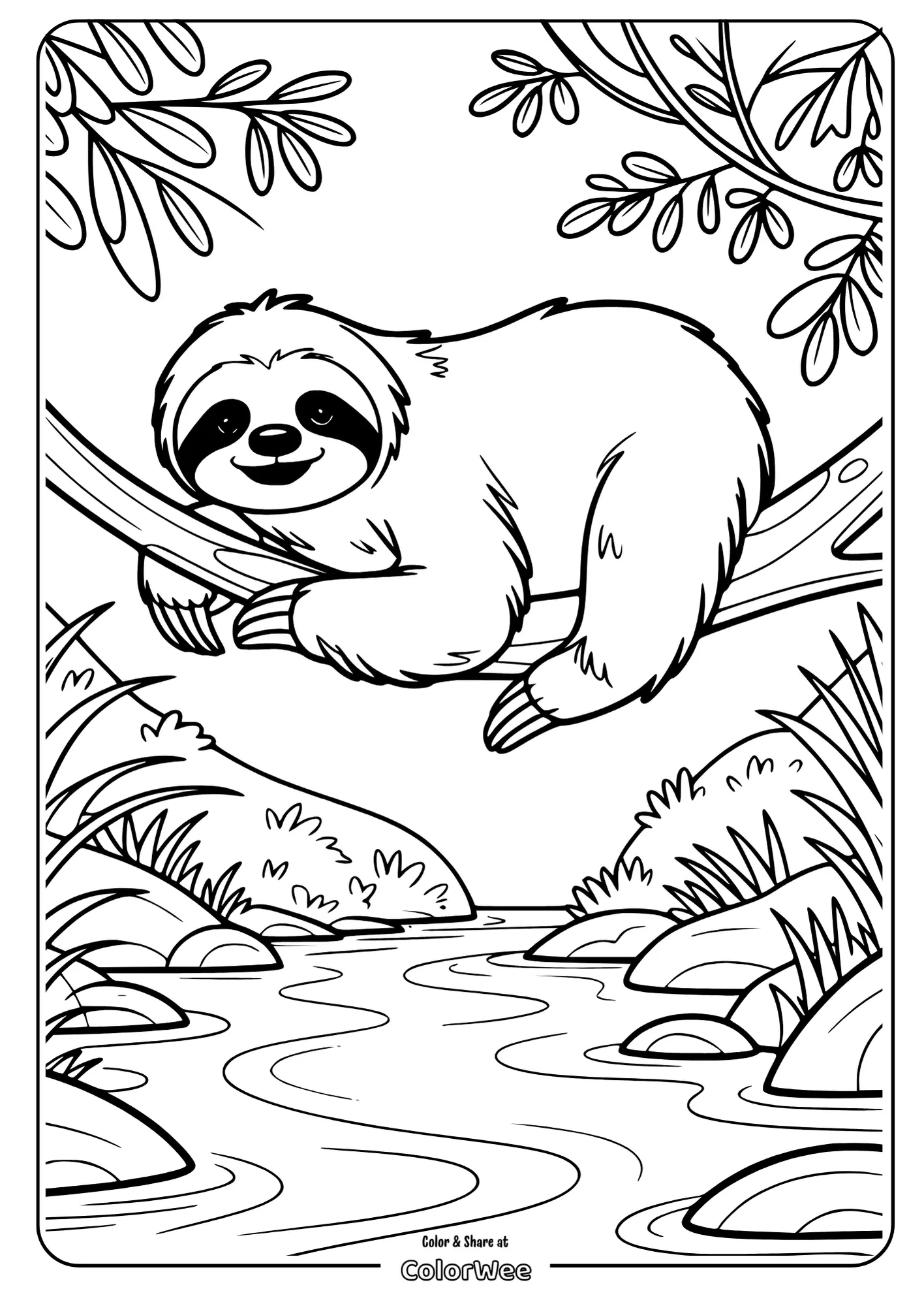 Cute sloth on a tree branch over a river, coloring page for kids.