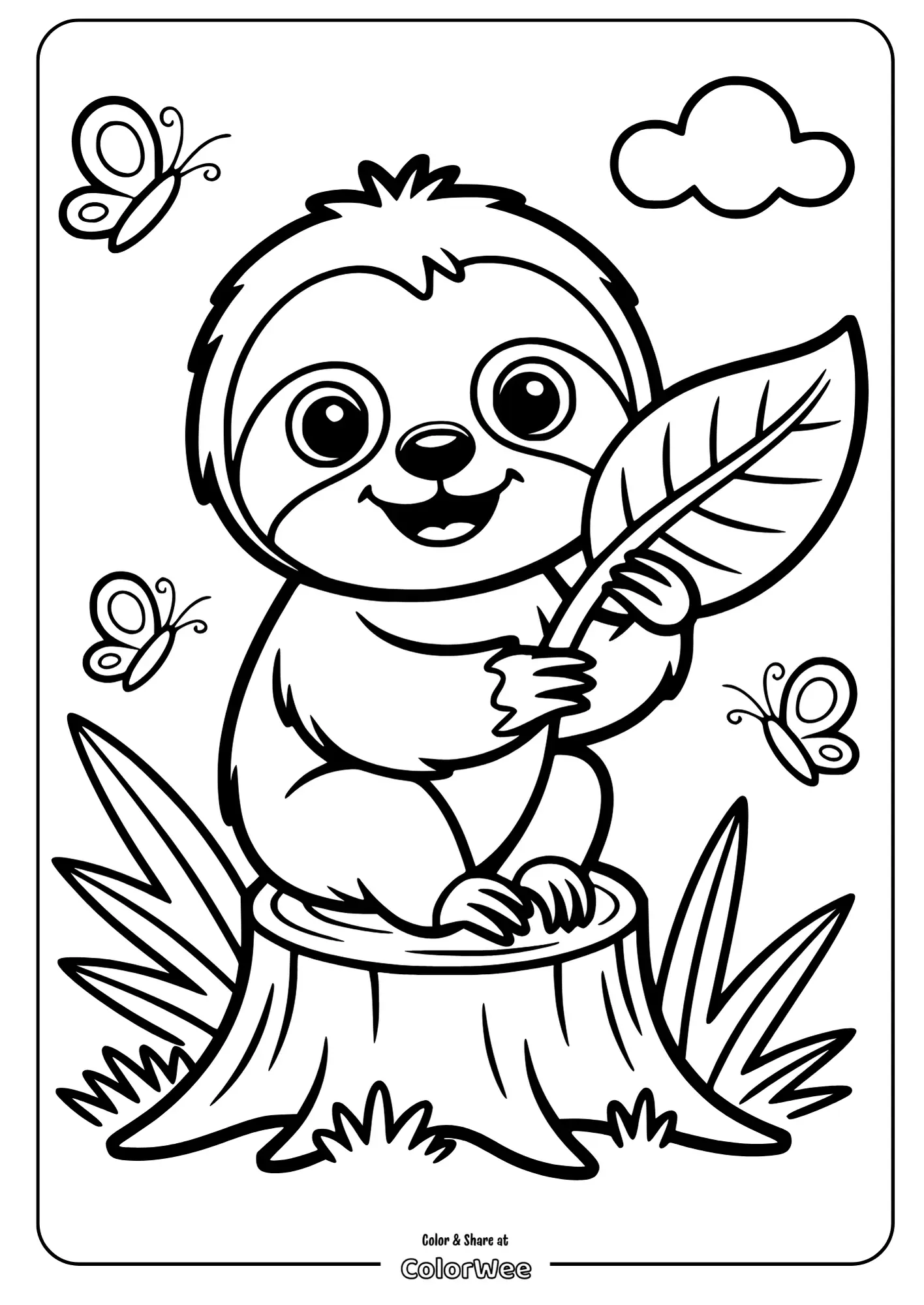 Cute sloth on a tree stump with butterflies coloring page.