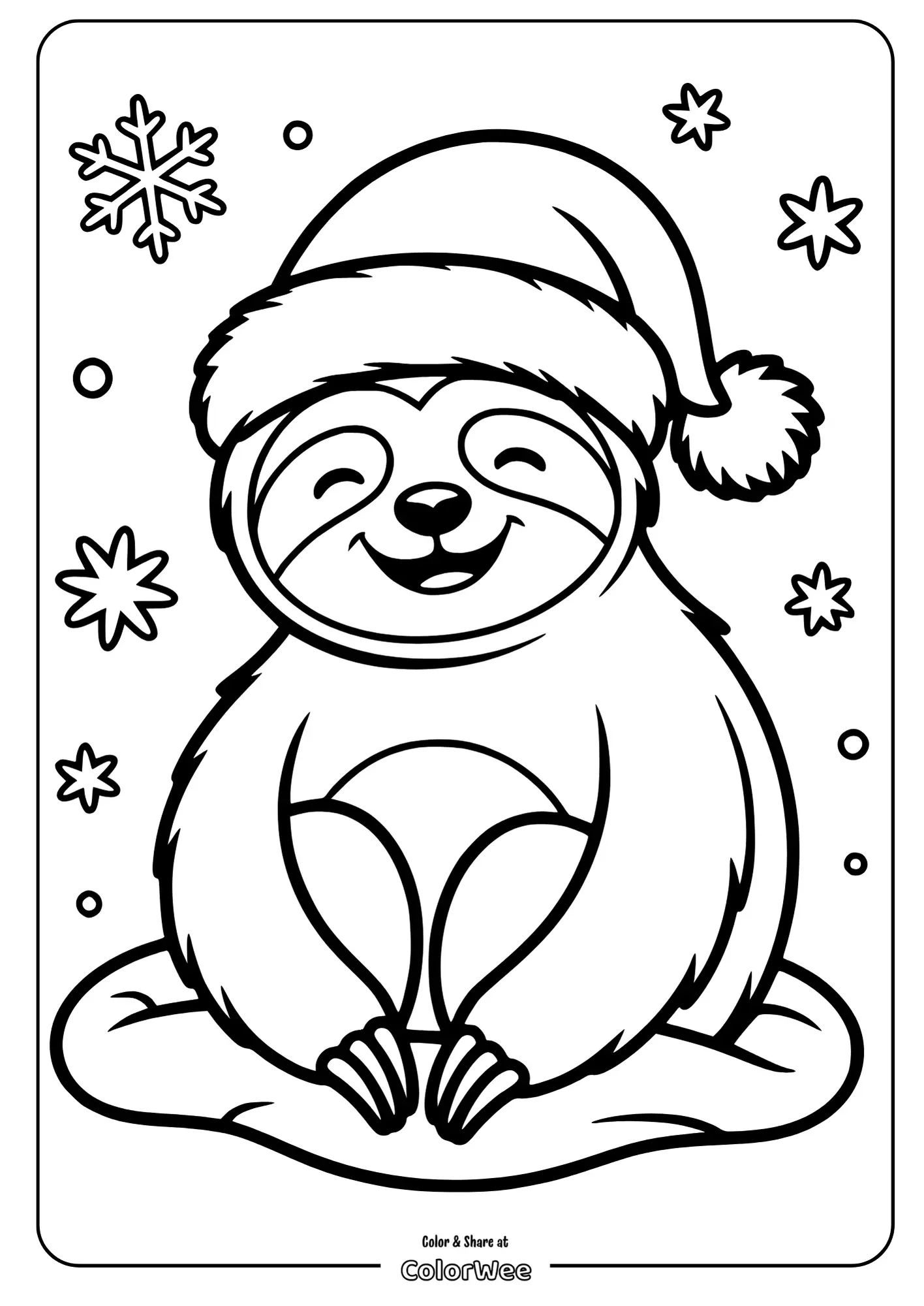 Cute sloth wearing Santa hat with snowflakes coloring page.