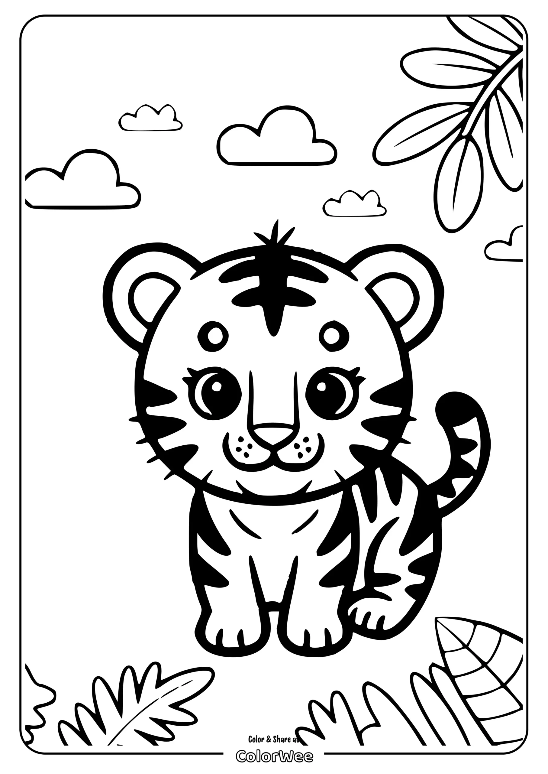 Cute tiger cub coloring page with leaves and clouds.