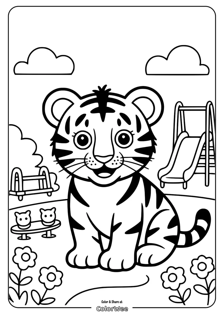 cute tiger playground coloring page Cute tiger cub in playground coloring page.