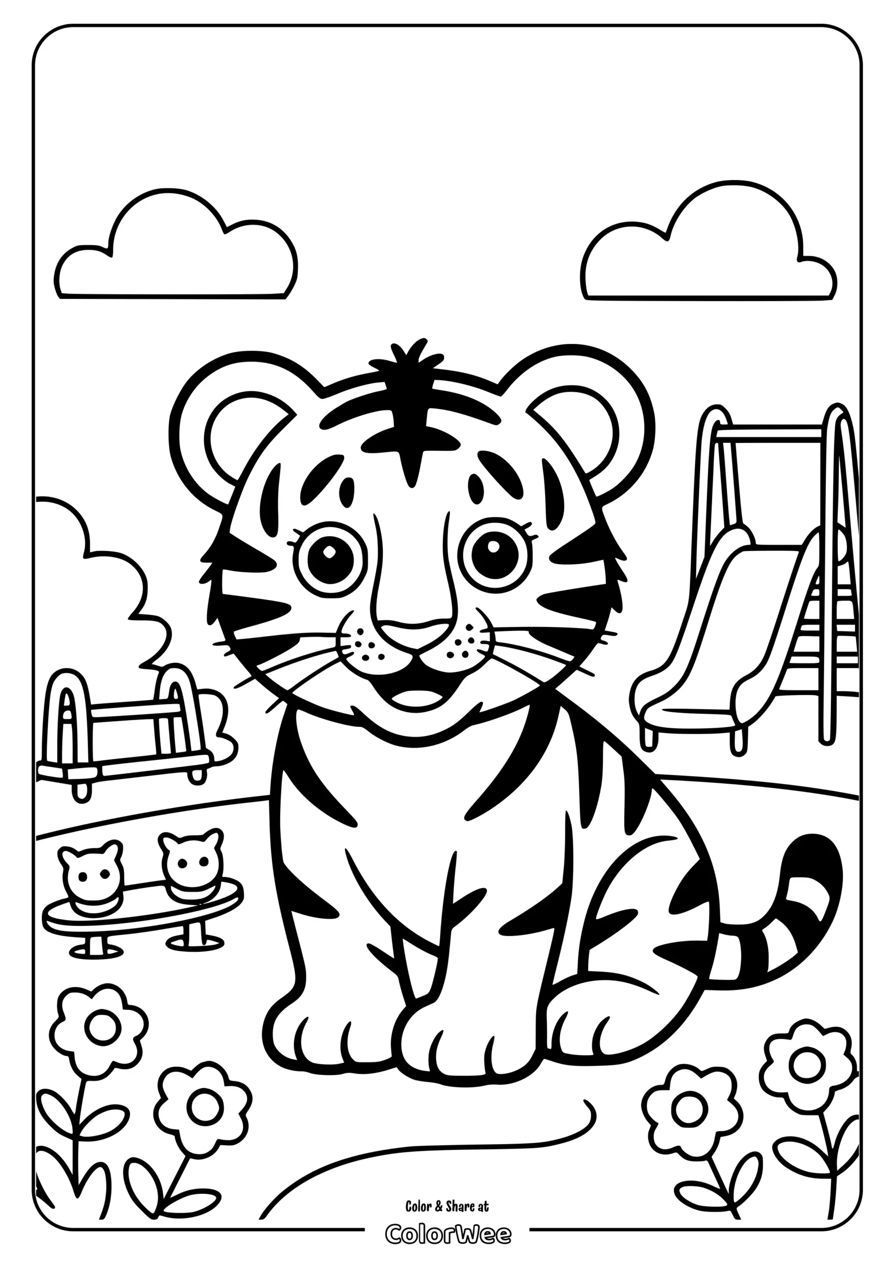 cute tiger playground coloring page scaled Cute tiger cub in playground coloring page.