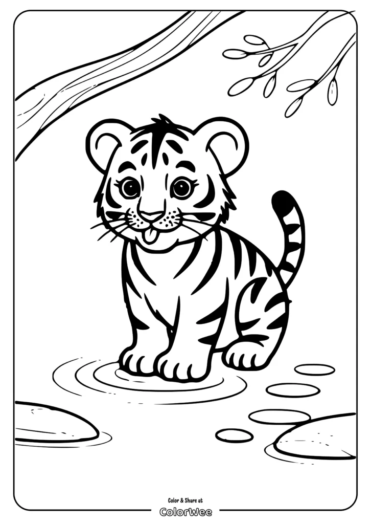 cute tiger pond coloring page Cute tiger cub coloring page for kids.