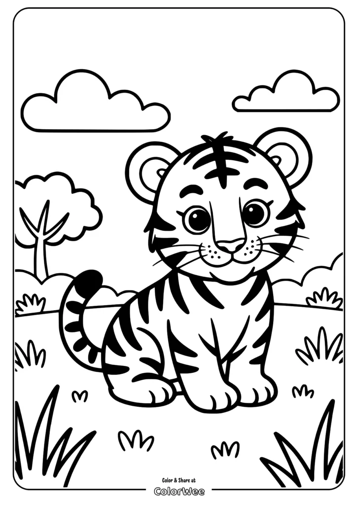 cute tiger sit coloring page Cute tiger cub coloring page for kids.