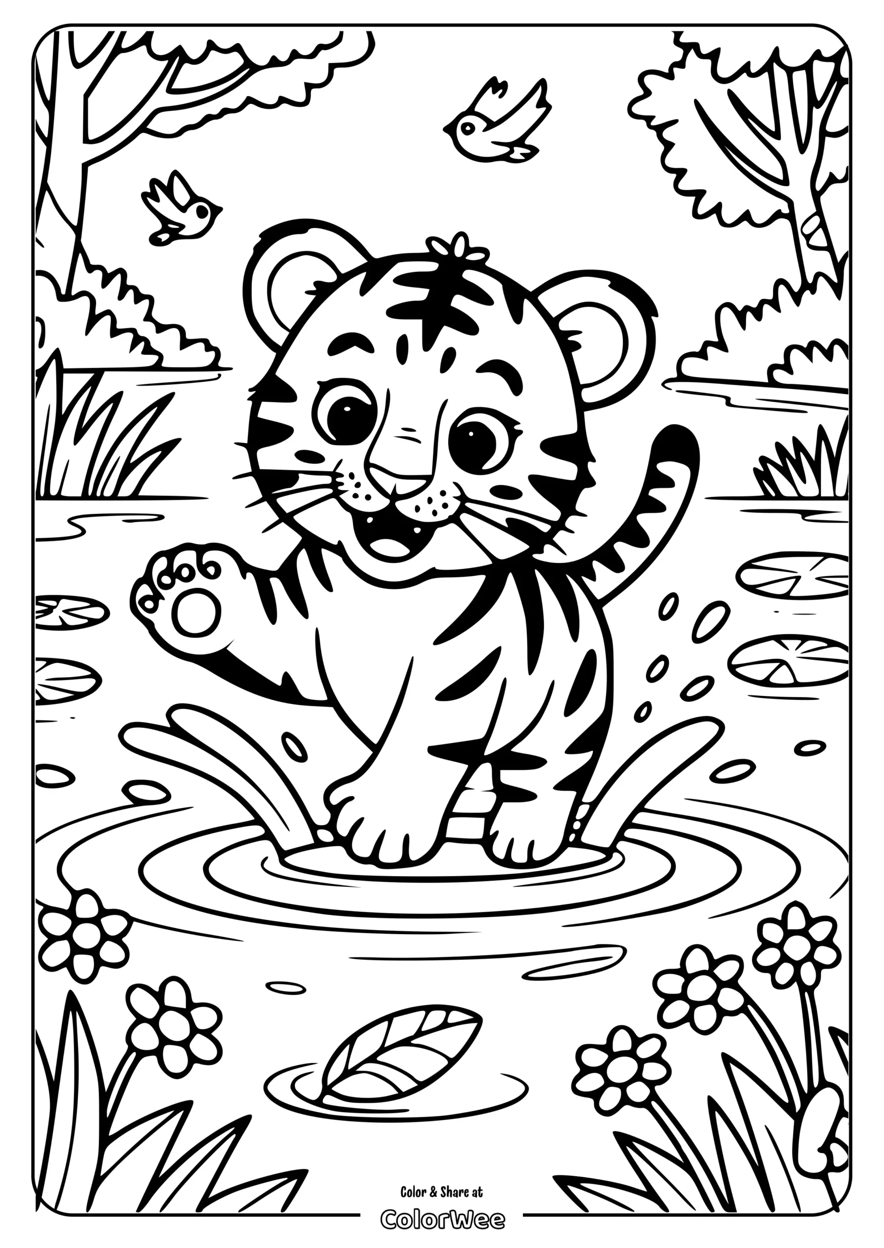 cute tiger splashing coloring page scaled Cute tiger cub playing in a pond coloring page.