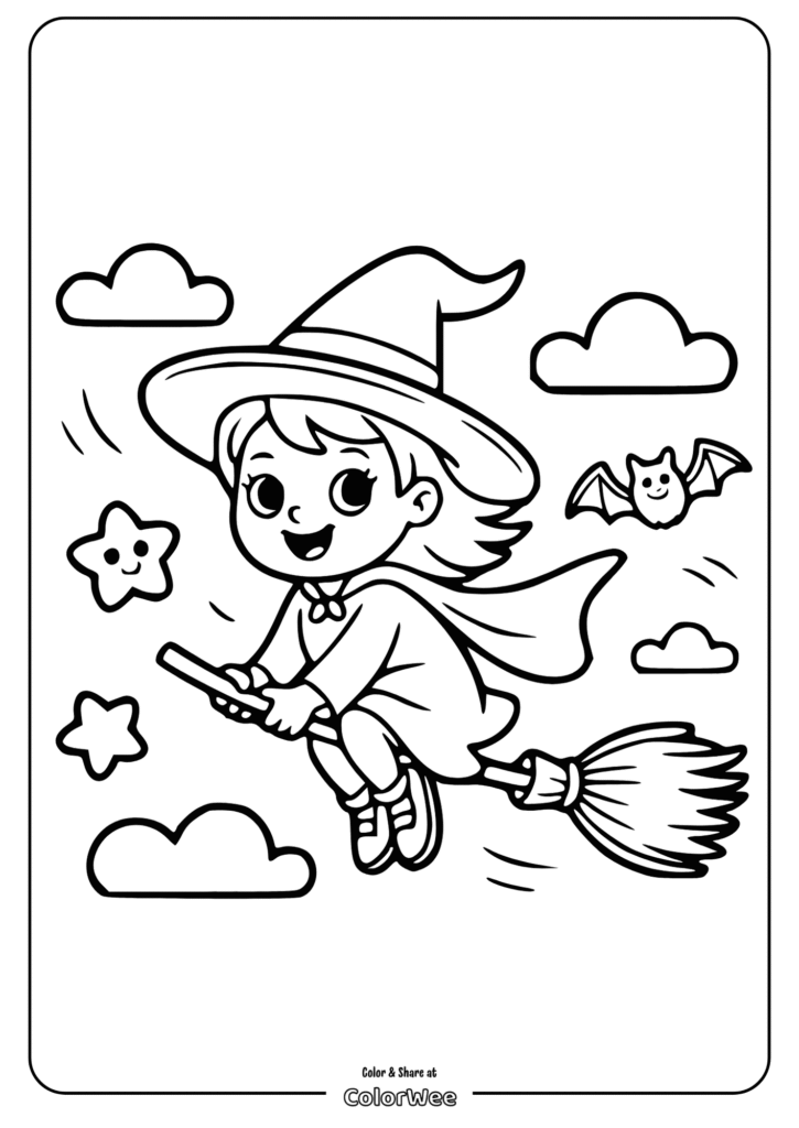 cute witch bat coloring page Cartoon witch on broomstick coloring page with bat and stars.