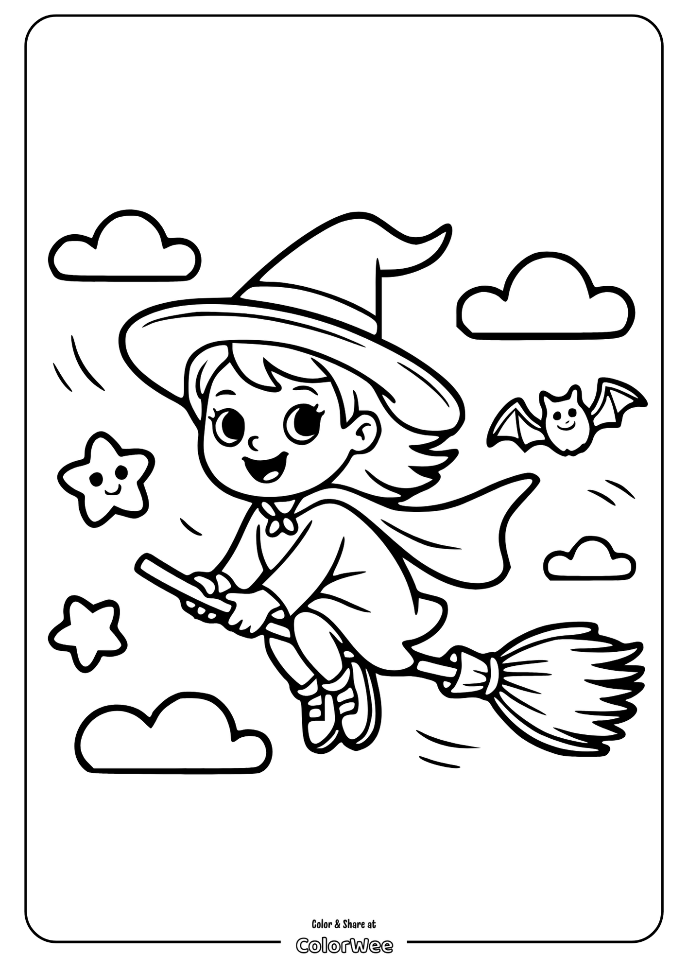 Cartoon witch on broomstick coloring page with bat and stars.