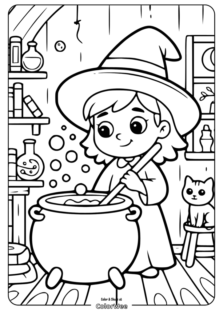 cute witch cauldron coloring page Young witch stirring cauldron with cat in magical room coloring page.