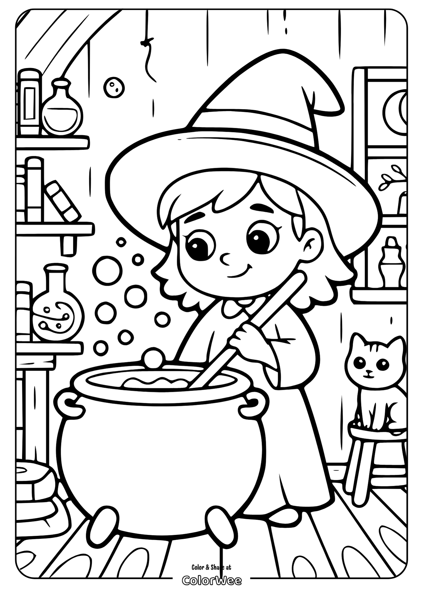 Young witch stirring cauldron with cat in magical room coloring page.