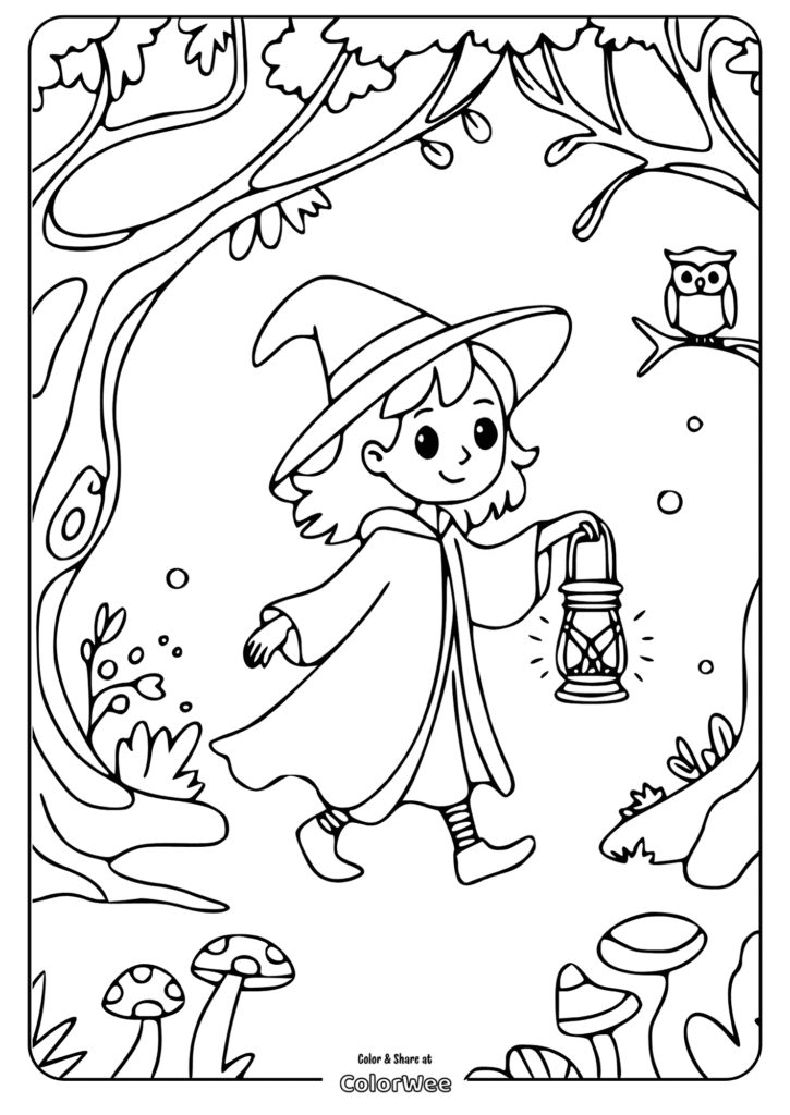 cute witch lantern coloring page Young witch with a lantern in forest coloring page.
