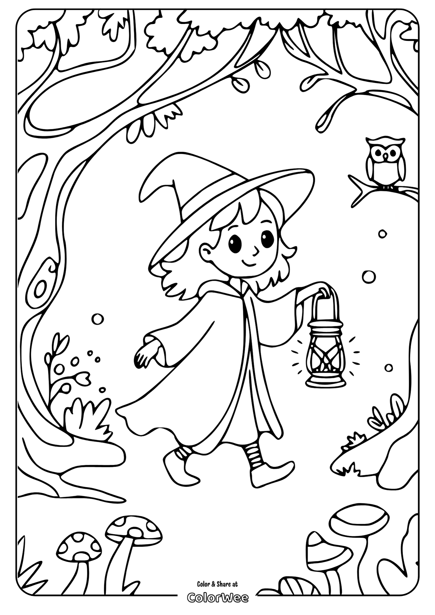 Young witch with a lantern in forest coloring page.