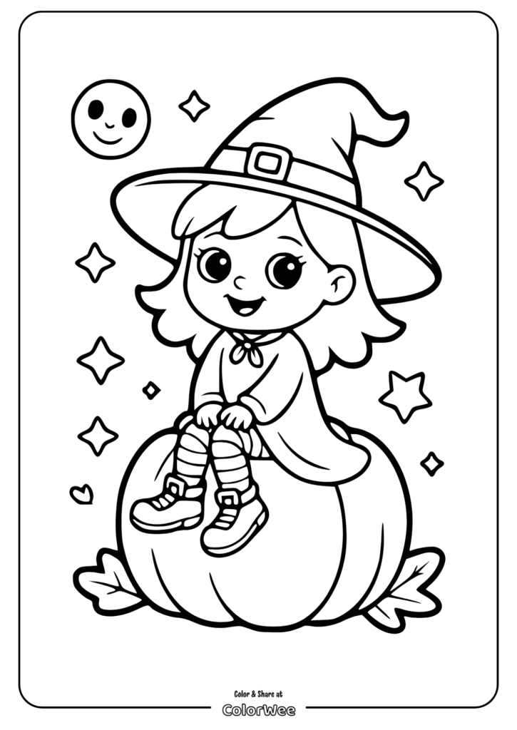cute witch sitting coloring page Cute witch on pumpkin Halloween coloring page.