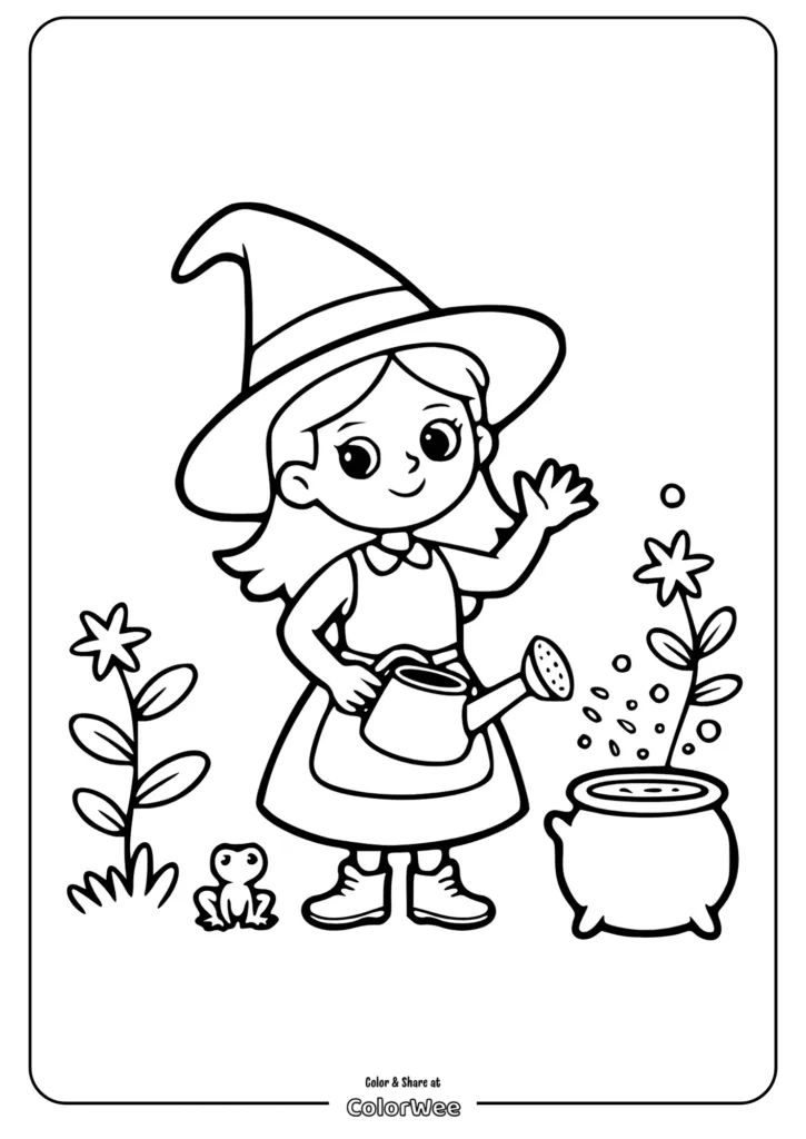 Young witch with cauldron and frog coloring page.