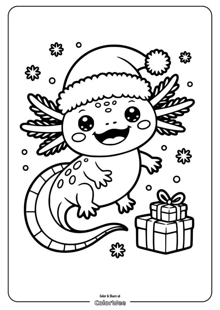 delicate christmas axolotl Cute Christmas axolotl with gift and snowflakes coloring page.