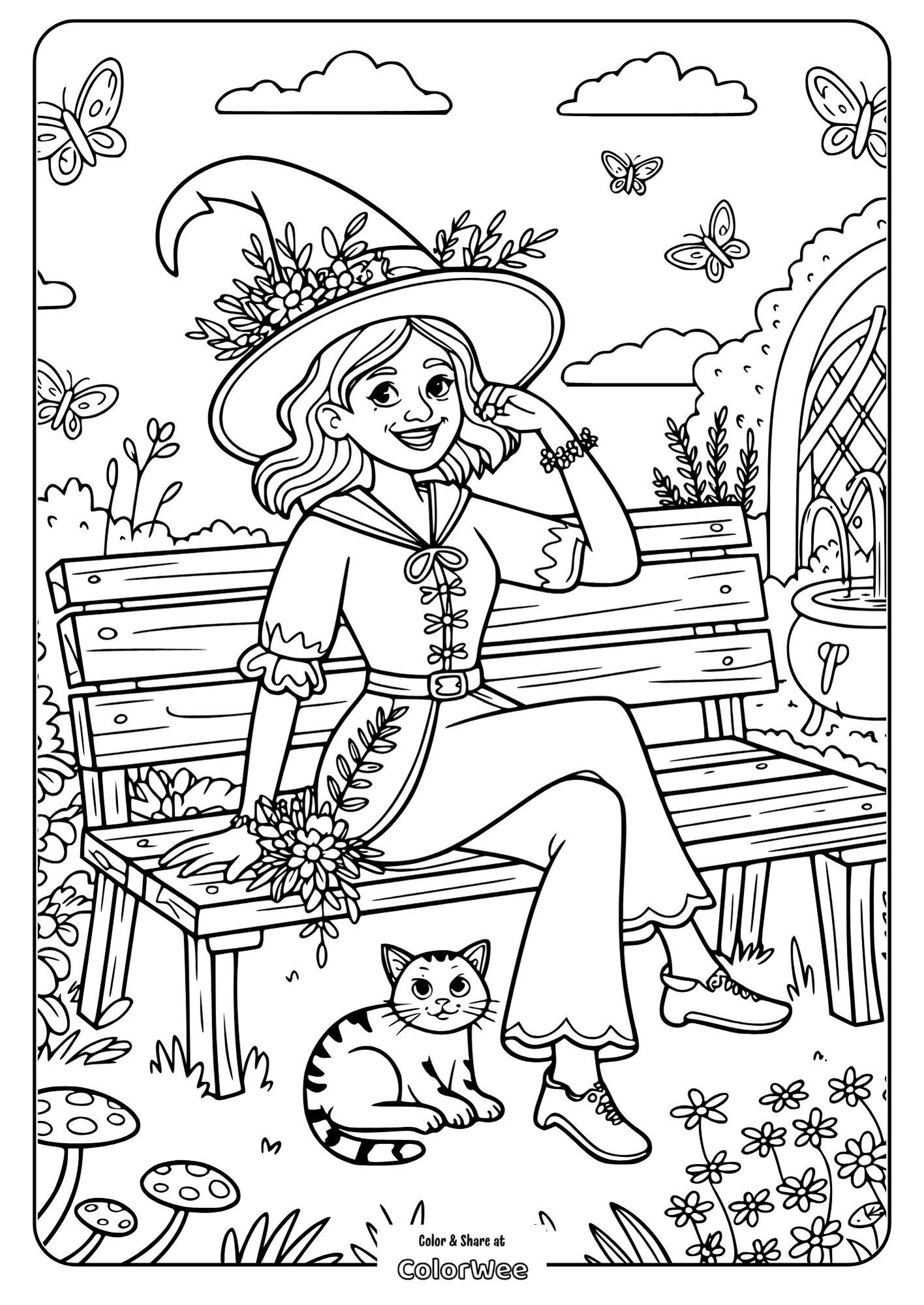 Coloring page: witch on a bench with cat and butterflies