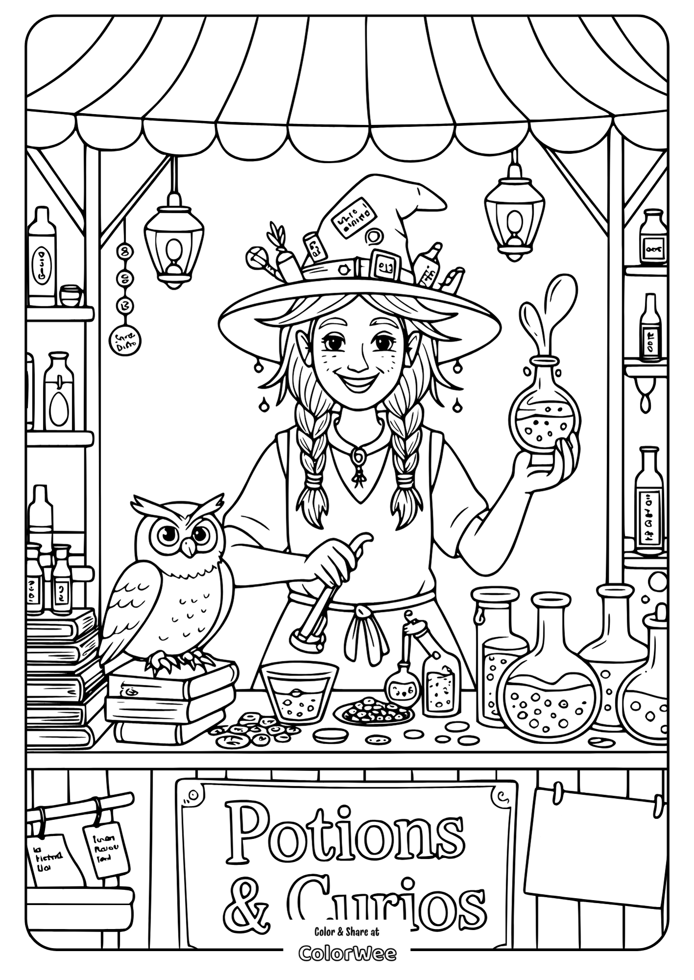 Young witch with potions and owl coloring page.