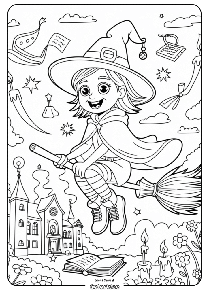 detailed witch soaring coloring page 1 Witch on broomstick flying over magical school, stars, and spellbook.