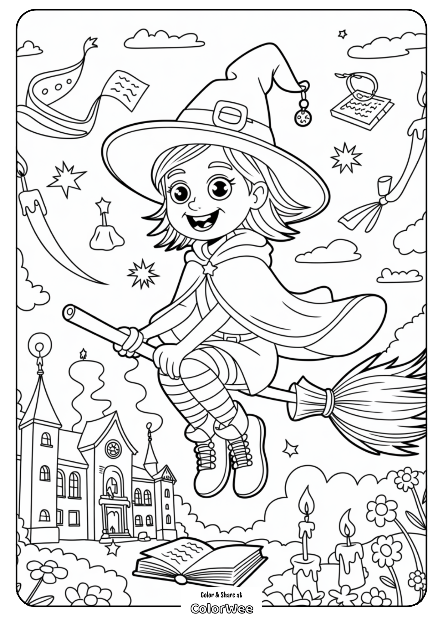 Witch on broomstick flying over magical school, stars, and spellbook.