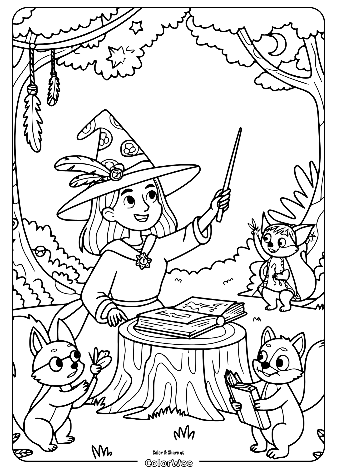 Witch and animals around a magic book in forest coloring page.