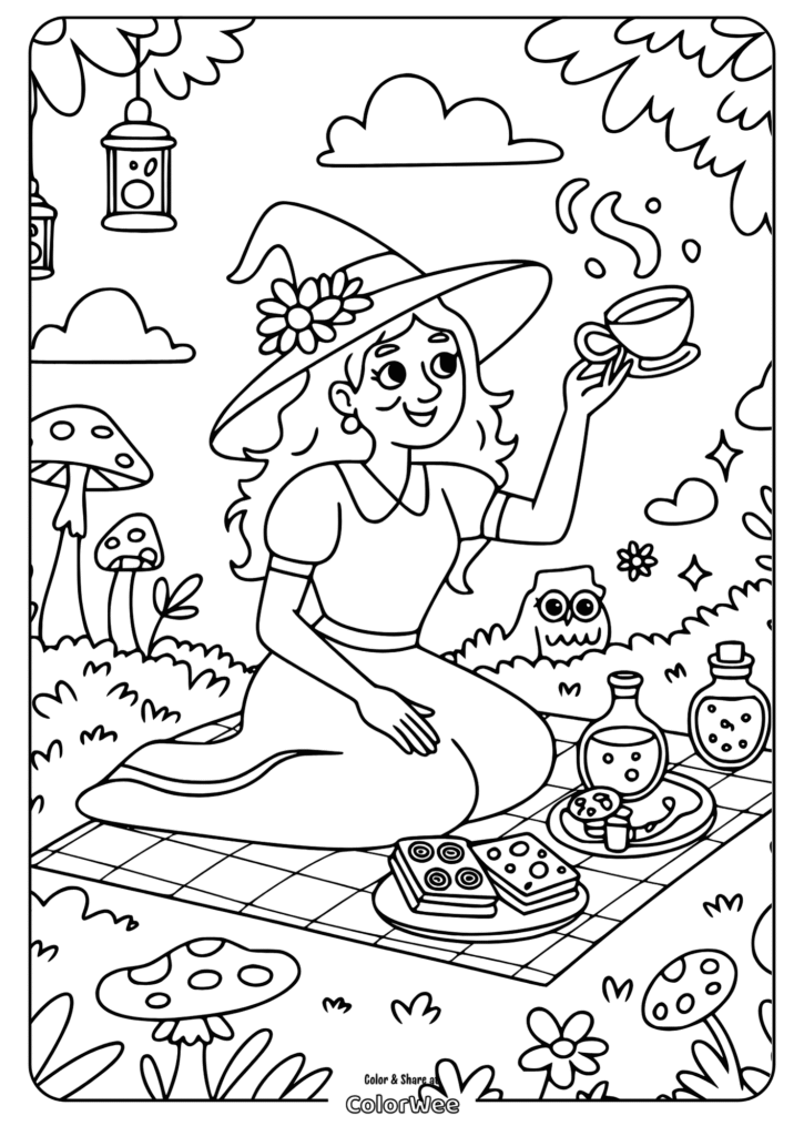 detailed witch tea coloring page Witch at a picnic enjoying tea in a whimsical forest setting.