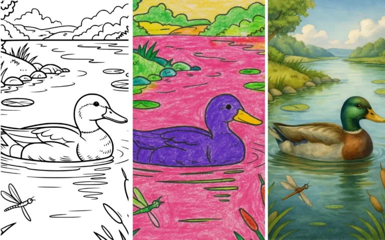 Duck coloring page for kids, scene with pond and dragonfly.