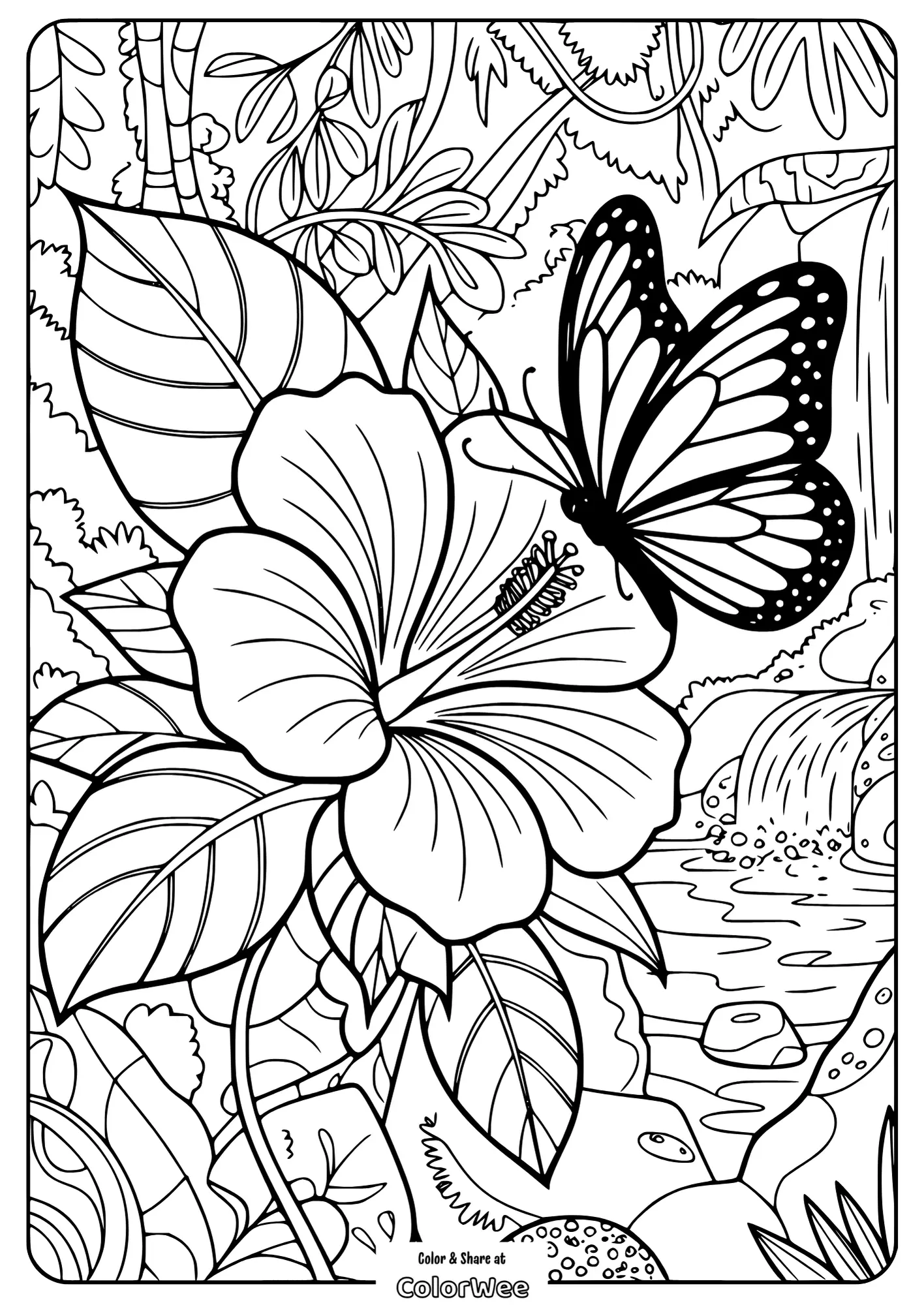 exotic flower and butterfly on a porch coloring page Coloring page with butterfly on a hibiscus flower in nature scene