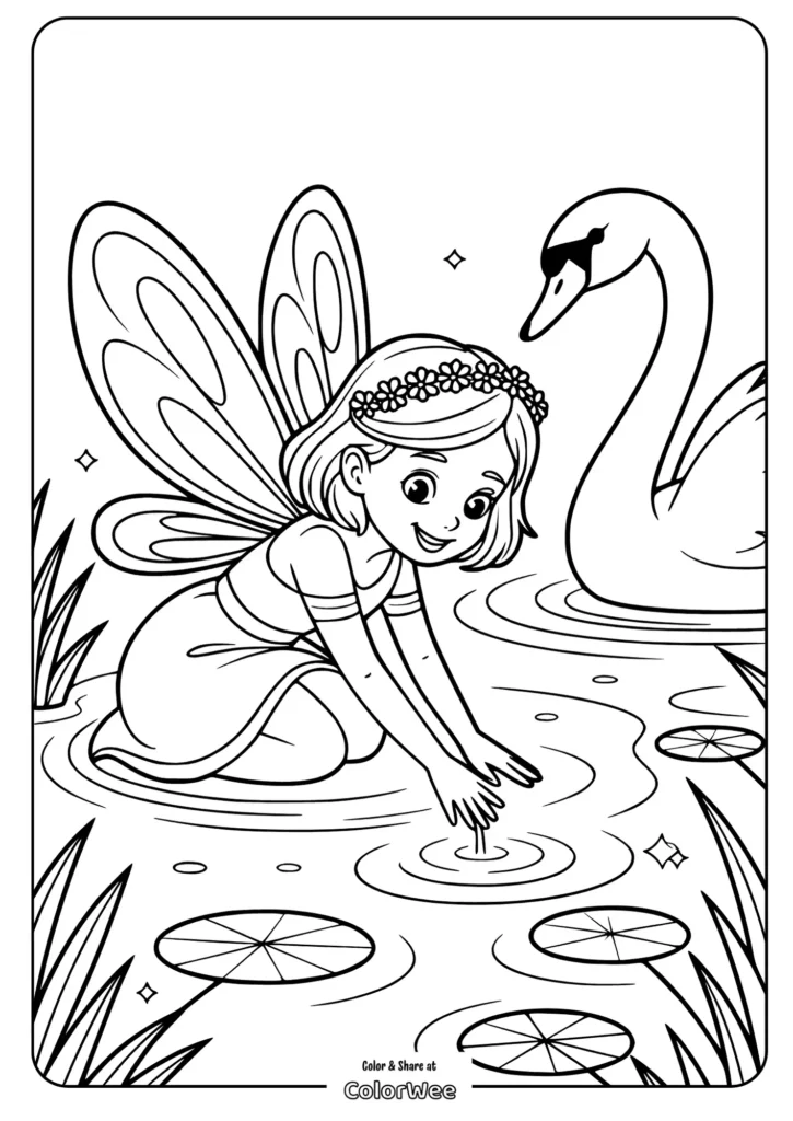 Fairy and swan by a pond coloring page for kids.