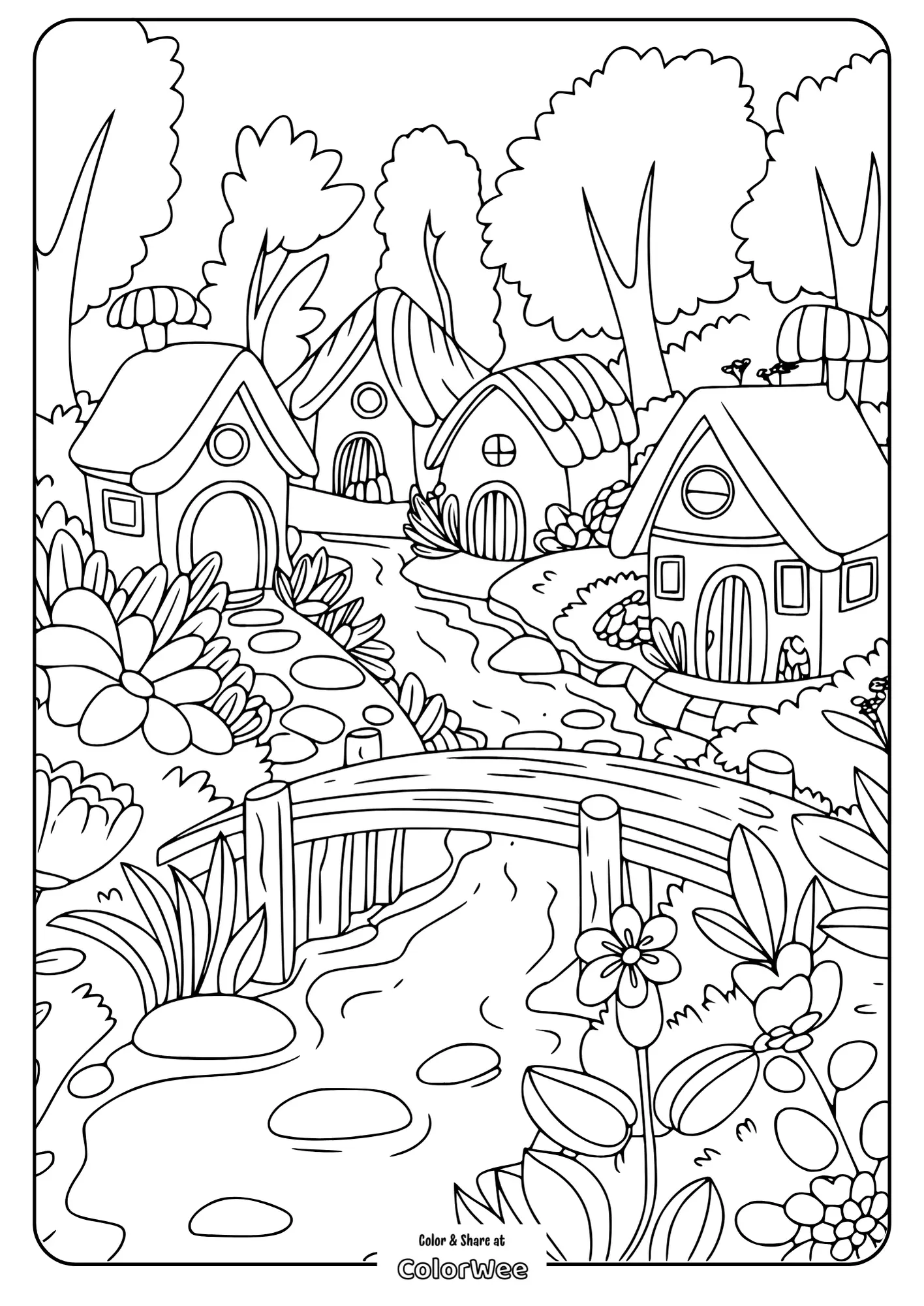 Fairy village and bridge coloring page with plants and houses.