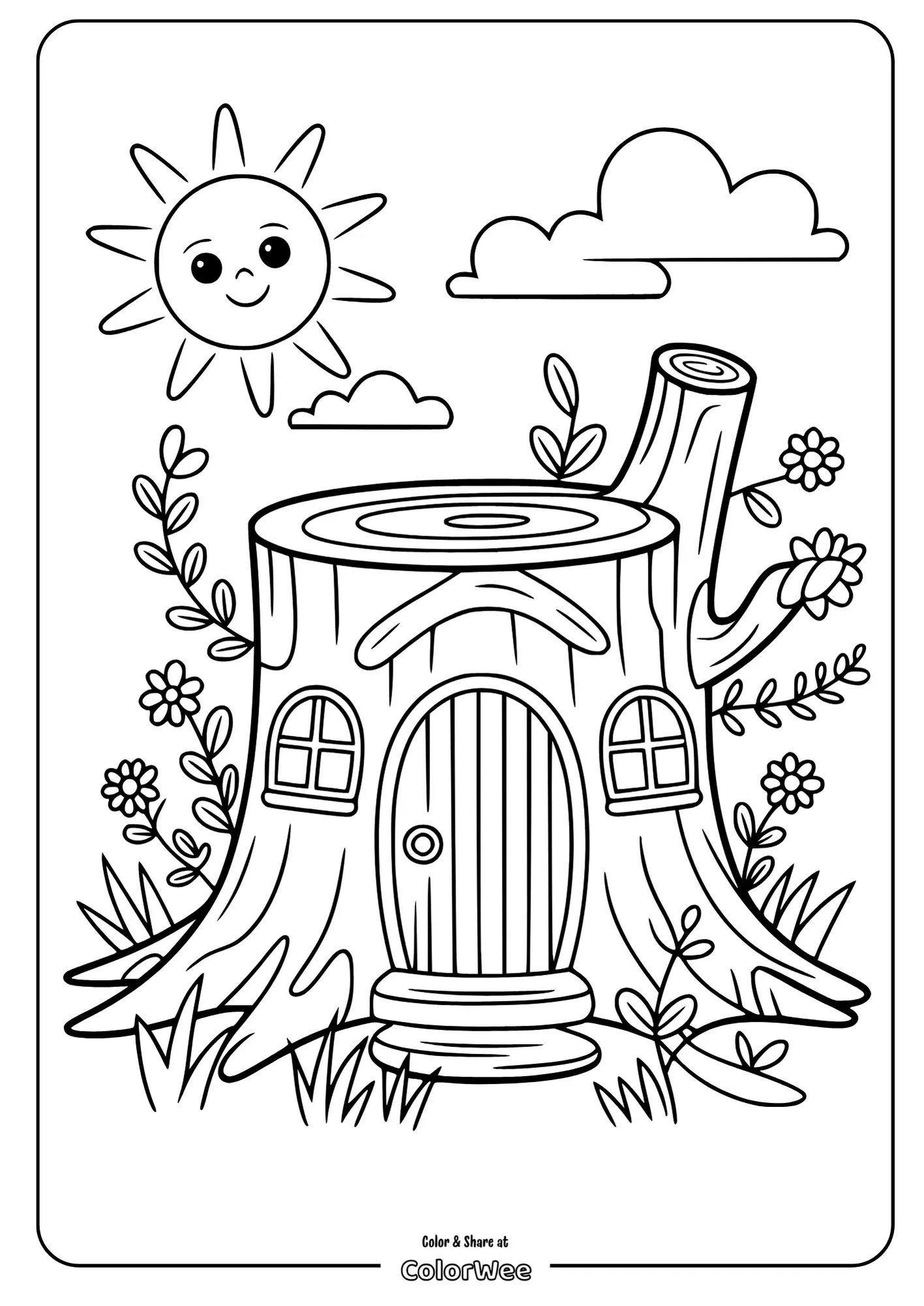Coloring page of a tree stump house with sun and flowers.