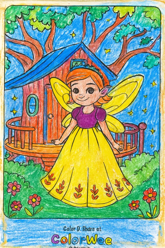 fairy princess child coloring Fairy in colorful dress by a cozy treehouse