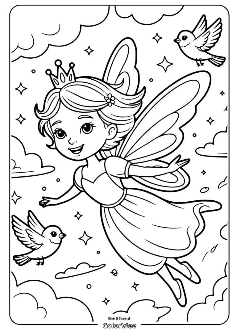 Fairy princess flying with birds in magical sky coloring page.