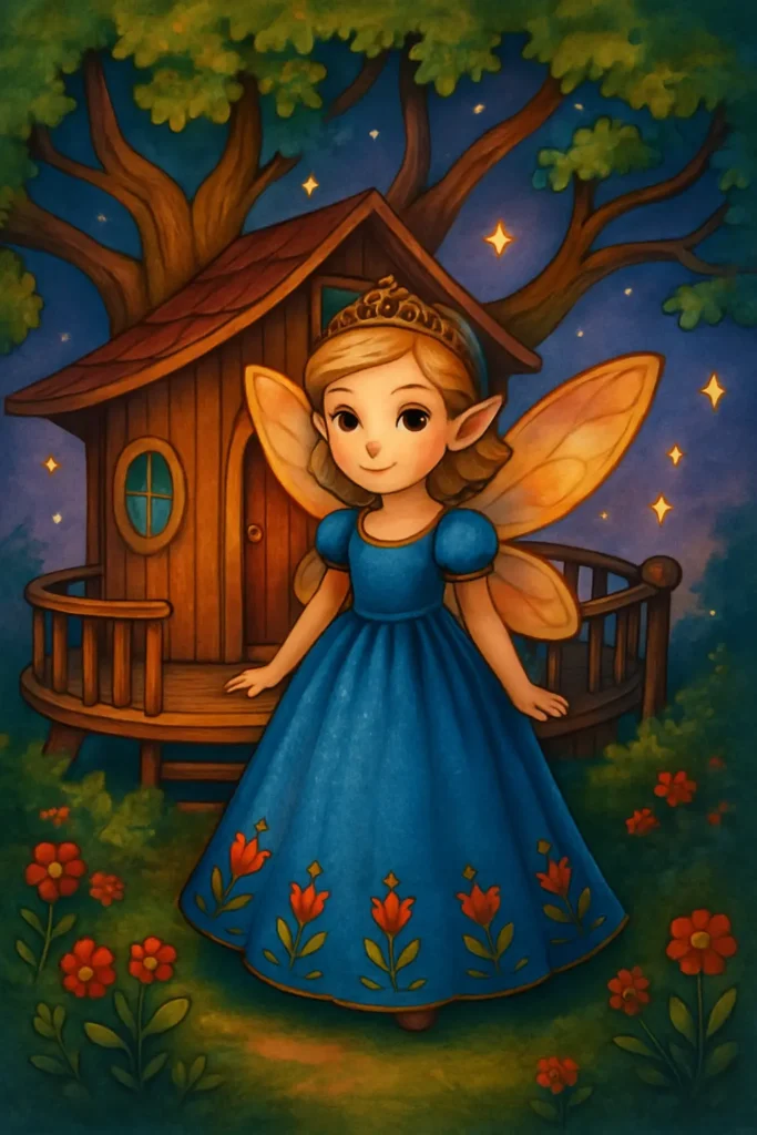 fairy princess professional coloring Fairy with wings in blue dress by treehouse, stars twinkling.