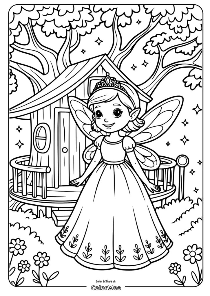 fairy princess standing at her treehouse Fairy Princess Coloring Page with Treehouse and Stars.