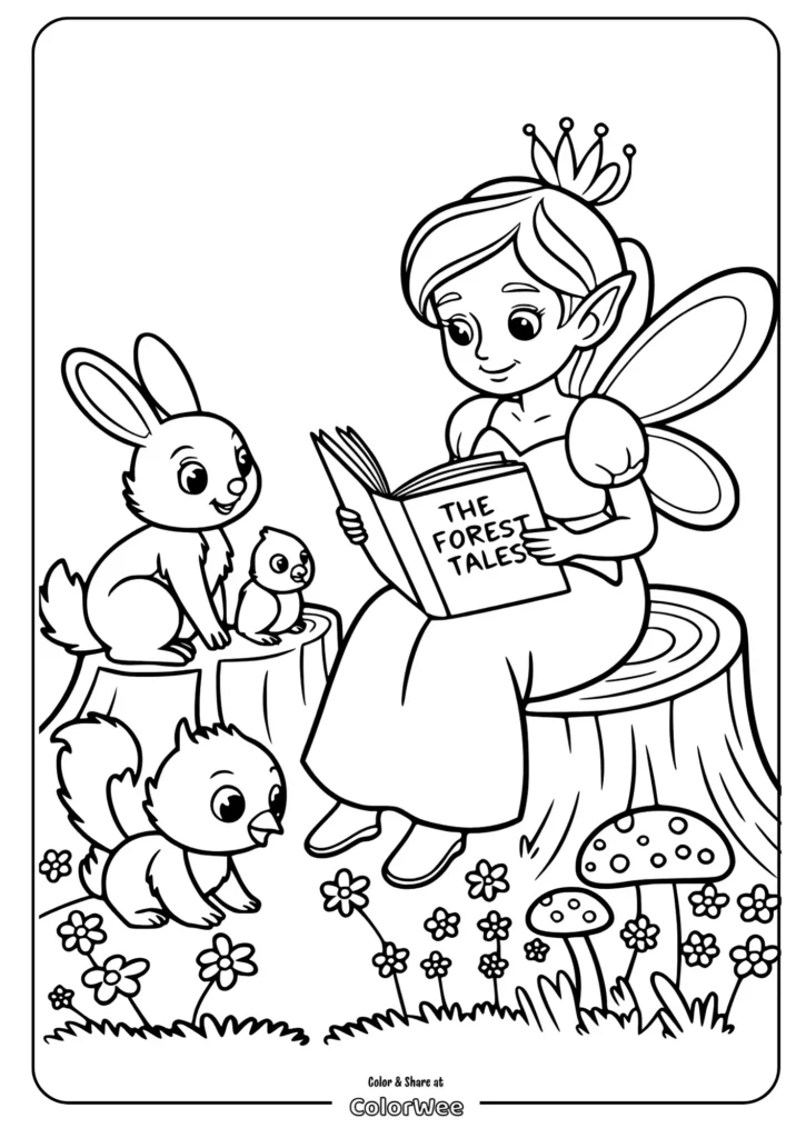 Fairy reading The Forest Tales to animals in a forest.