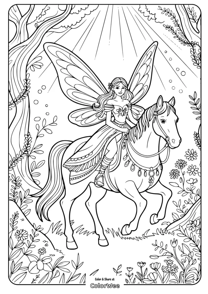 Fairy riding horse through enchanted forest coloring page.