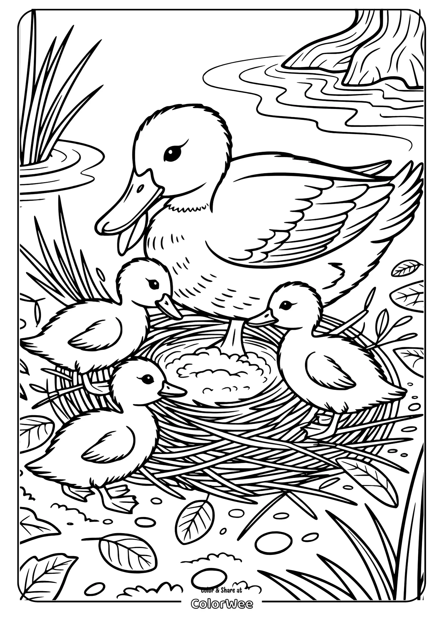 Duck and ducklings in nest by a pond, coloring page.