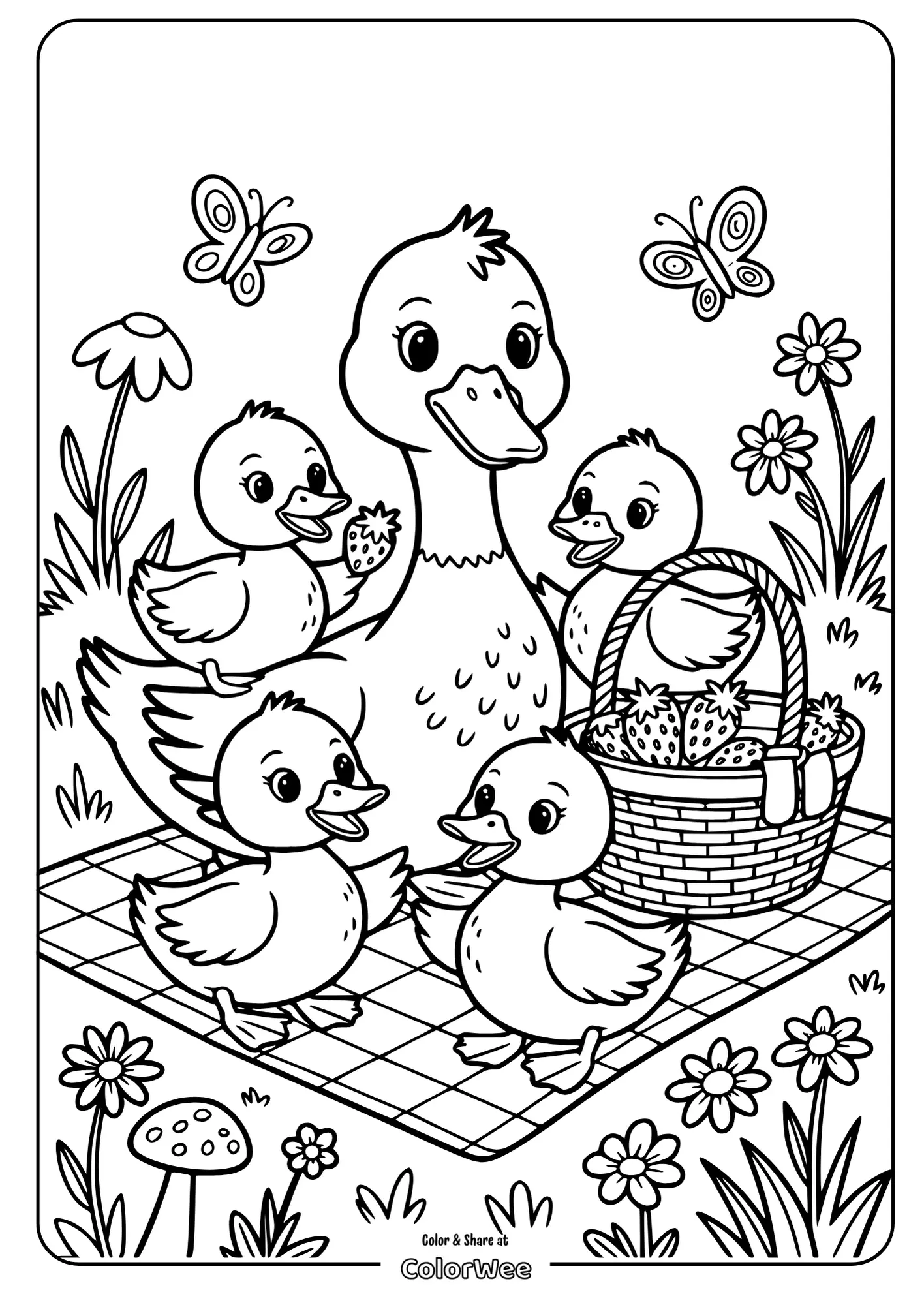 Duck family picnic coloring page with butterflies and flowers.