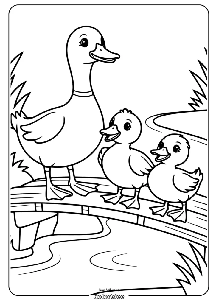 family duck on a bridge Duck family on a bridge coloring page.