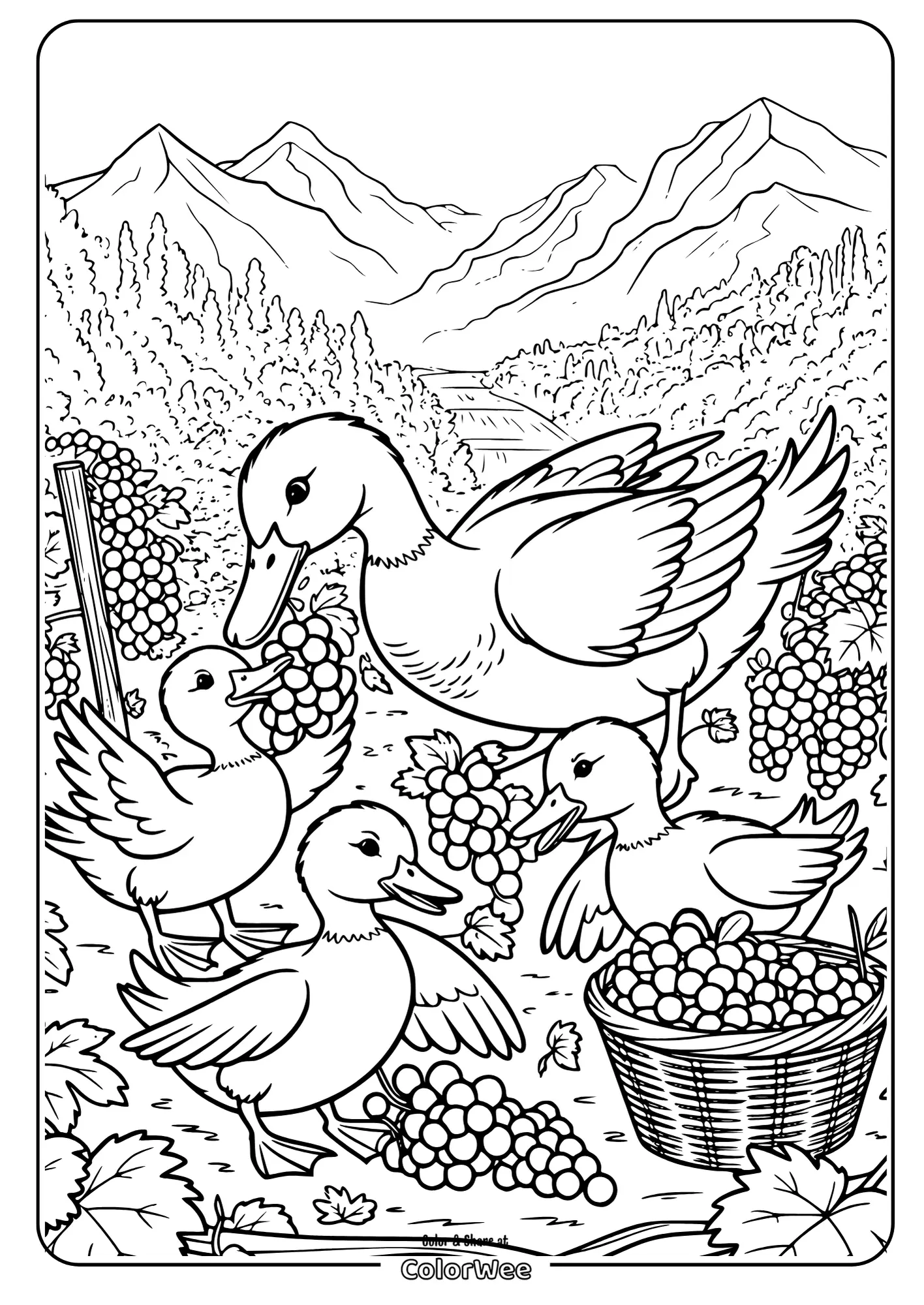 Ducks and grapes in a scenic mountain vineyard coloring page.