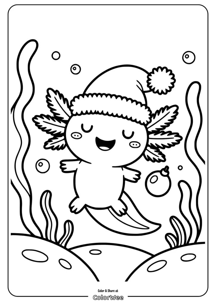 floating christmas axolotl Cute axolotl wearing a festive Santa hat in underwater scene.