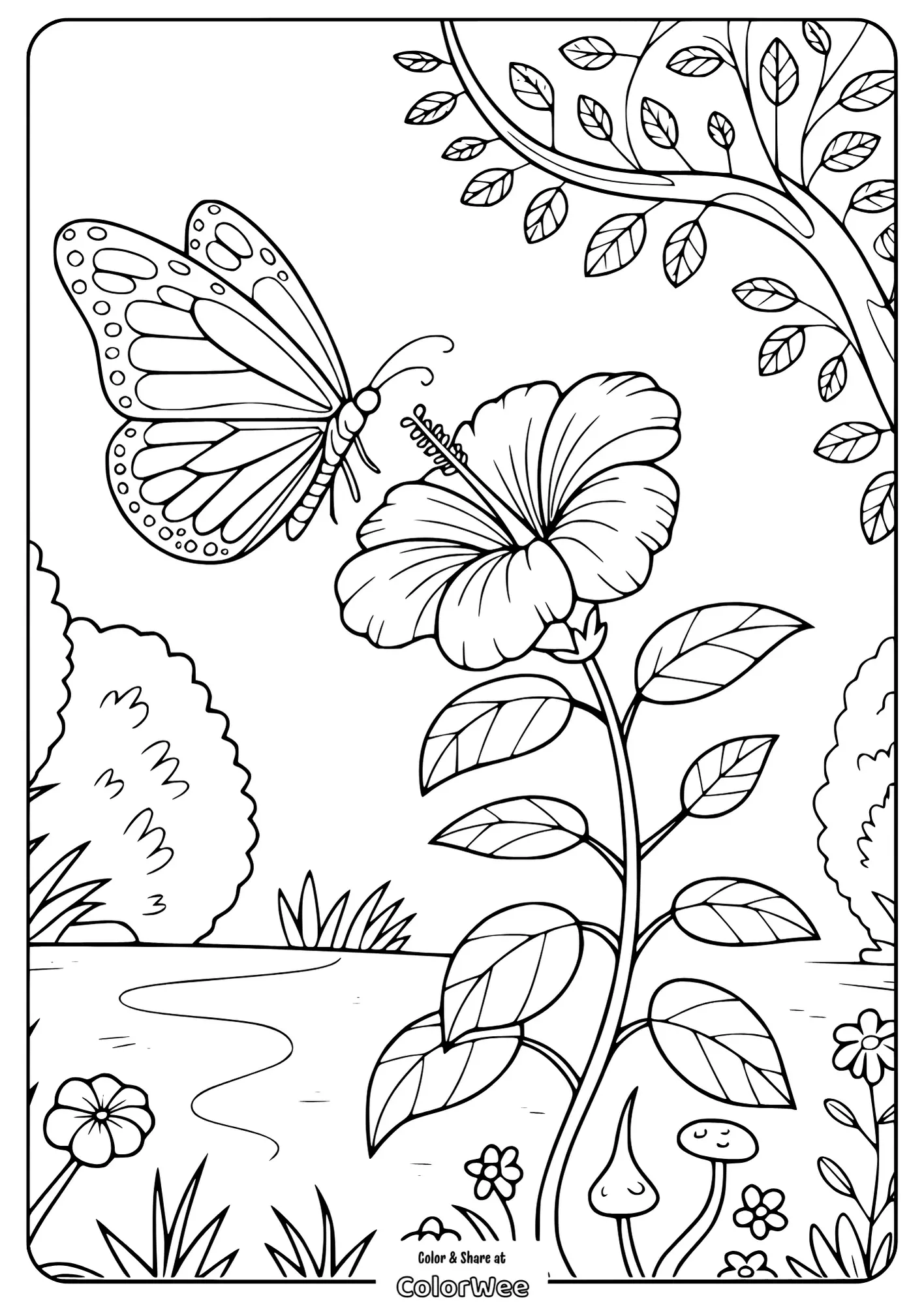 flower and butterfly in a garden coloring page Butterfly and flower garden coloring page for kids.
