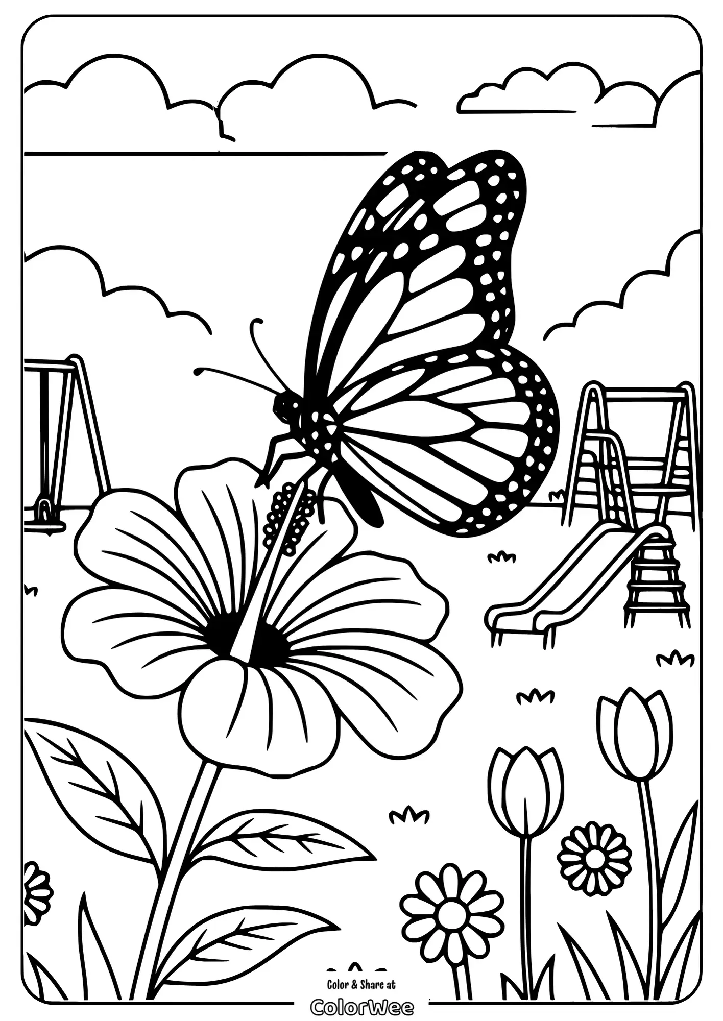 flower and butterfly on a playground coloring page Butterfly on flower in playground coloring page.