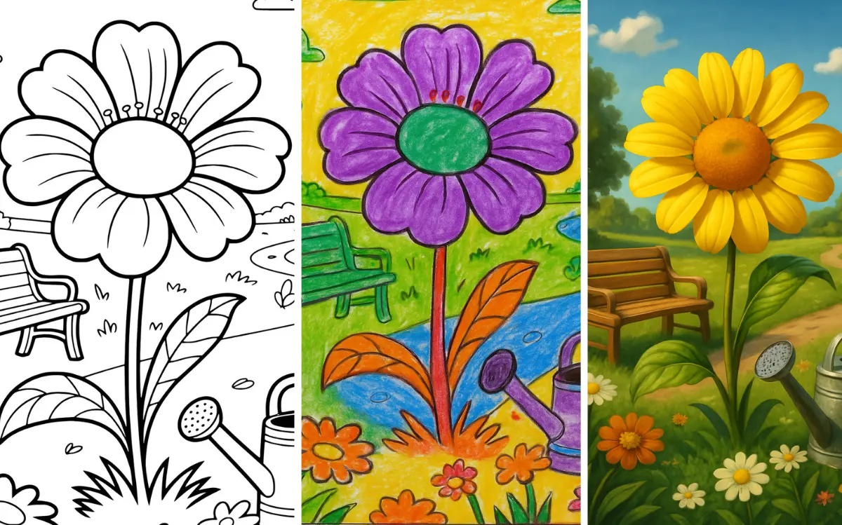 Coloring page of a large flower in garden setting, uncolored version.