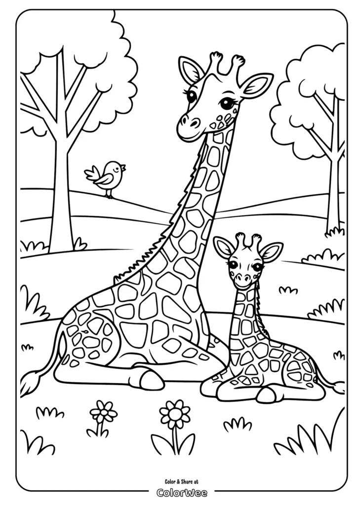 Giraffe and calf coloring page in a grassy landscape.